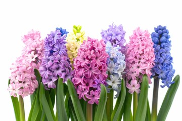 A vibrant display of hyacinth flowers in various colors capturing the essence of springtime beauty in a fresh garden setting isolated on transparent background
