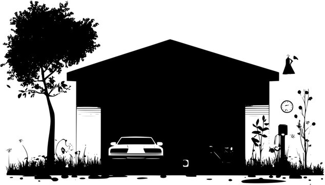 black garage with car and tree silhouette clip art preview