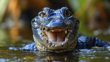Obraz premium Crocodile with open mouth showing teeth and tongue in water