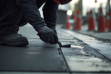Fototapeta premium Concrete worker applying finishing touches to a sidewalk. Featuring detail and precision