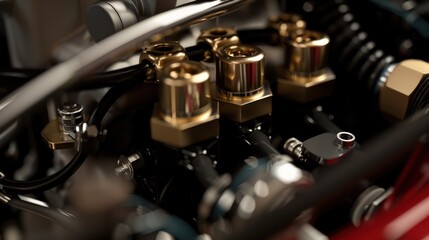 Fototapeta premium Close-up of a car’s master cylinder, clearly showing hydraulic lines and fluid levels, with sharp detail on components and mechanical textures.