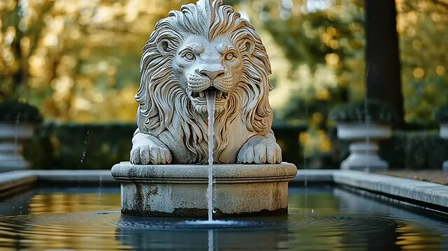 Majestic lion fountain sculpture spouting water in serene garden setting with autumn foliage