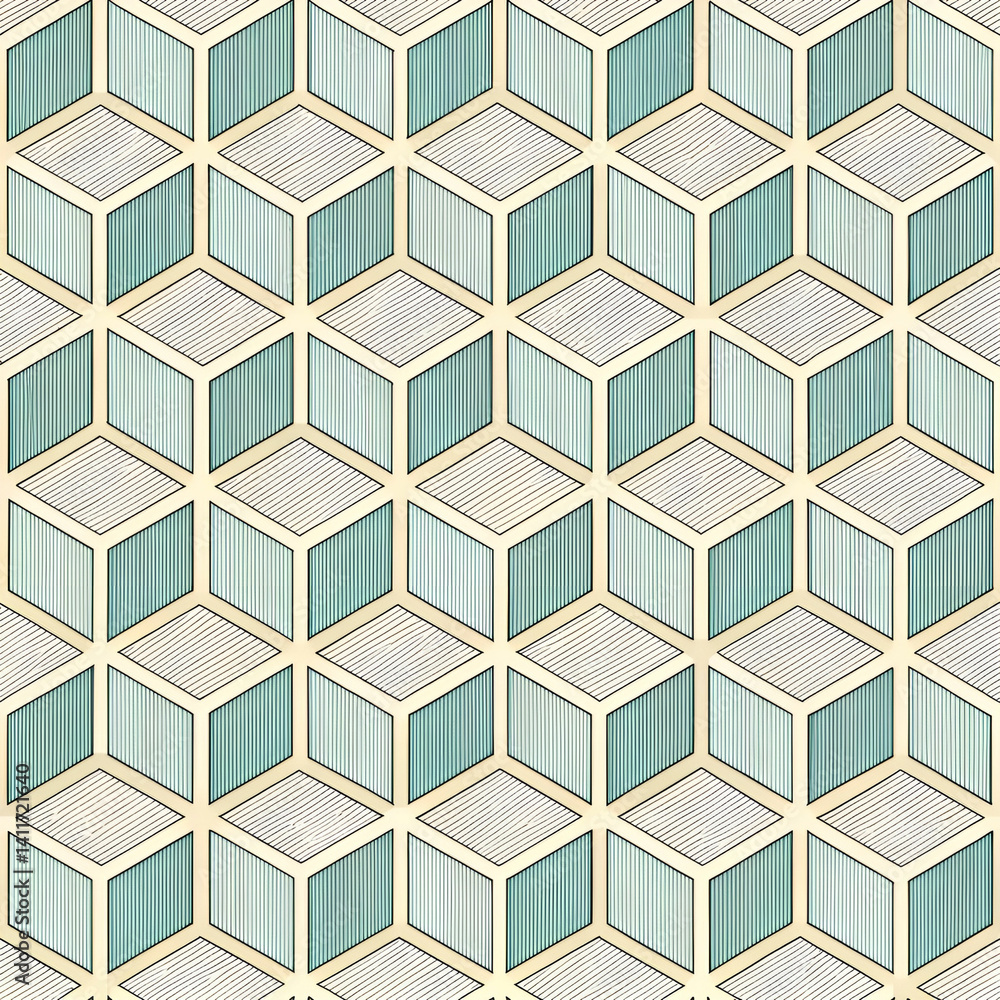 Poster minimalist isometric cube pattern seamless vector, featuring clean, geometric cubes arranged in a sl