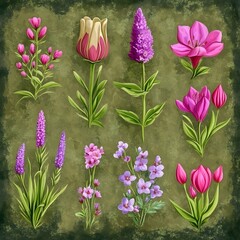 Fototapeta premium Vibrant Spring Flowers Botanical Illustration
