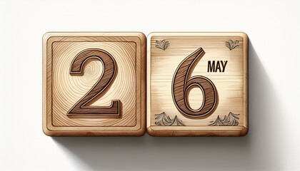 Illustration of wooden blocks with date 26 May. Day and month, simple calendar