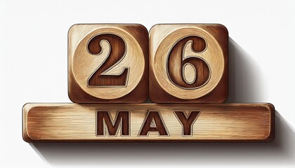 Illustration of wooden blocks with date 26 May. Day and month, simple calendar