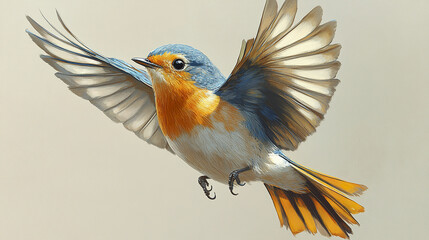 colorful robin in mid flight with wings spread wide