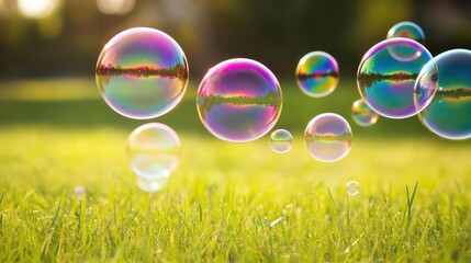 Colorful soap bubbles dance over a grassy field.