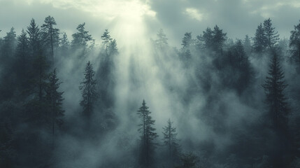 Foggy woodland with mysterious lighting and thick mist creates eerie atmosphere