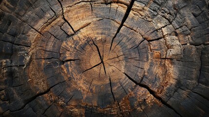 A close-up view of a weathered old tree stump, showcasing its intricate textures and patterns. The rough bark is cracked and peeling, revealing rich, earthy tones and moss growth.