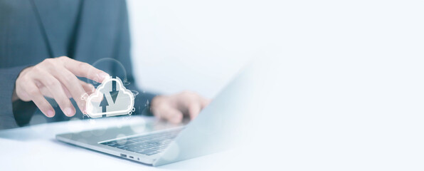 Businessmen use computers to visualize large online data in the cloud. It is a cloud server backup...