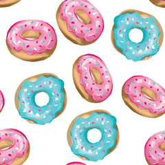 Hand Drawn Seamless Pattern with Pink and Blue Donuts on White Background Cute Sweet Food Design