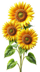 Obraz premium Three vibrant sunflowers in full bloom with lush green leaves stand tall