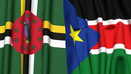 Flags of DOMINICA and SOUTH SUDAN with realistic cloth texture