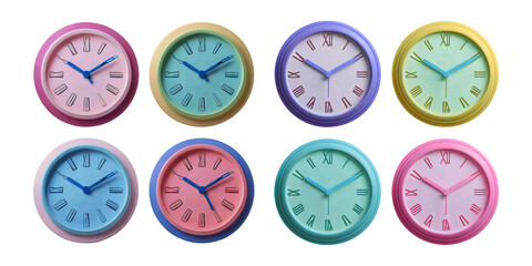 Colorful Variety of Wall Clocks in Pastel Tones and Designs, isolated on transparent background