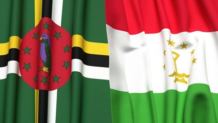 Flags of DOMINICA and TAJIKISTAN with realistic cloth texture