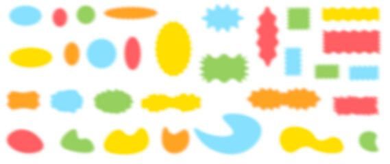Collection of colorful abstract sticker shapes with various rounded and wavy edges. Ideal for playful design, scrapbooking, kids projects