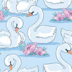 Hand Drawn Vector swan seamless pattern,  background with cute bird swan design fabric print 