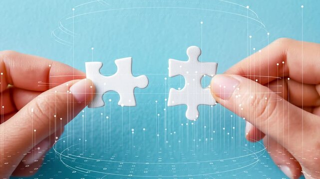 Innovation synergy puzzle metaphor, futuristic business analytics background