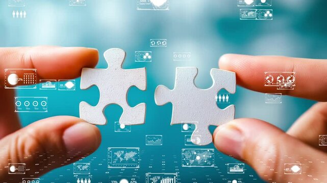 Innovation synergy puzzle metaphor, futuristic business analytics background