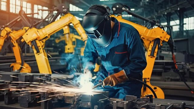 Industrial Welder with Robotic Arms in Modern Factory