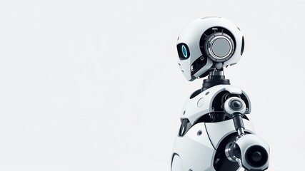 A futuristic white robot with blue eyes stands against a plain white background showcasing its detailed mechanical design and modern technology.