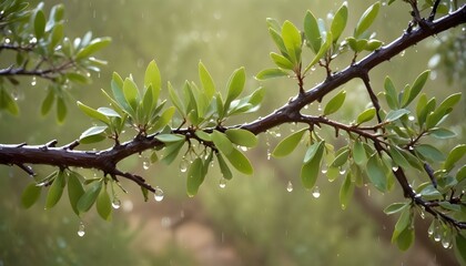 Green young jojoba leaves on a branch. Jojoba tree getting ready to bloom