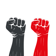 Vector Hand raised air fighting for human rights. Icon of a raised fist symbolizing unity, strength, and solidarity.