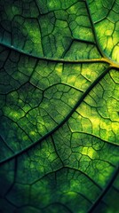 Obraz premium A detailed close-up of a vibrant green leaf showcasing its intricate veins, highlighting the delicate network of textures and patterns that create a stunning natural design.