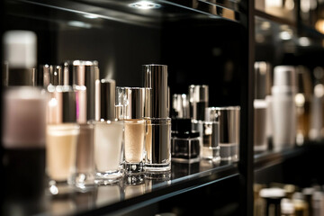 Modern trends in cosmetics and skincare with minimalistic bottles and packaging design on shelf, beauty industry, generative ai