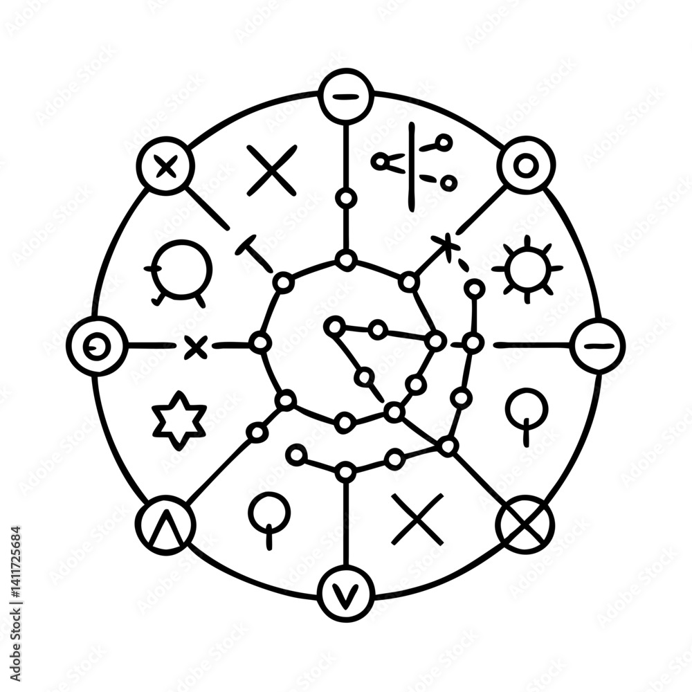 Poster abstract circular network diagram with various symbols and connections