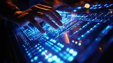 A human hand is interacting with a glowing electronic surface