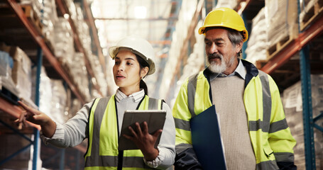 Logistics, people and inventory inspection with tablet for stock count, cargo distribution or storage management. Supply chain, teamwork and digital checklist for quality control or warehouse backlog