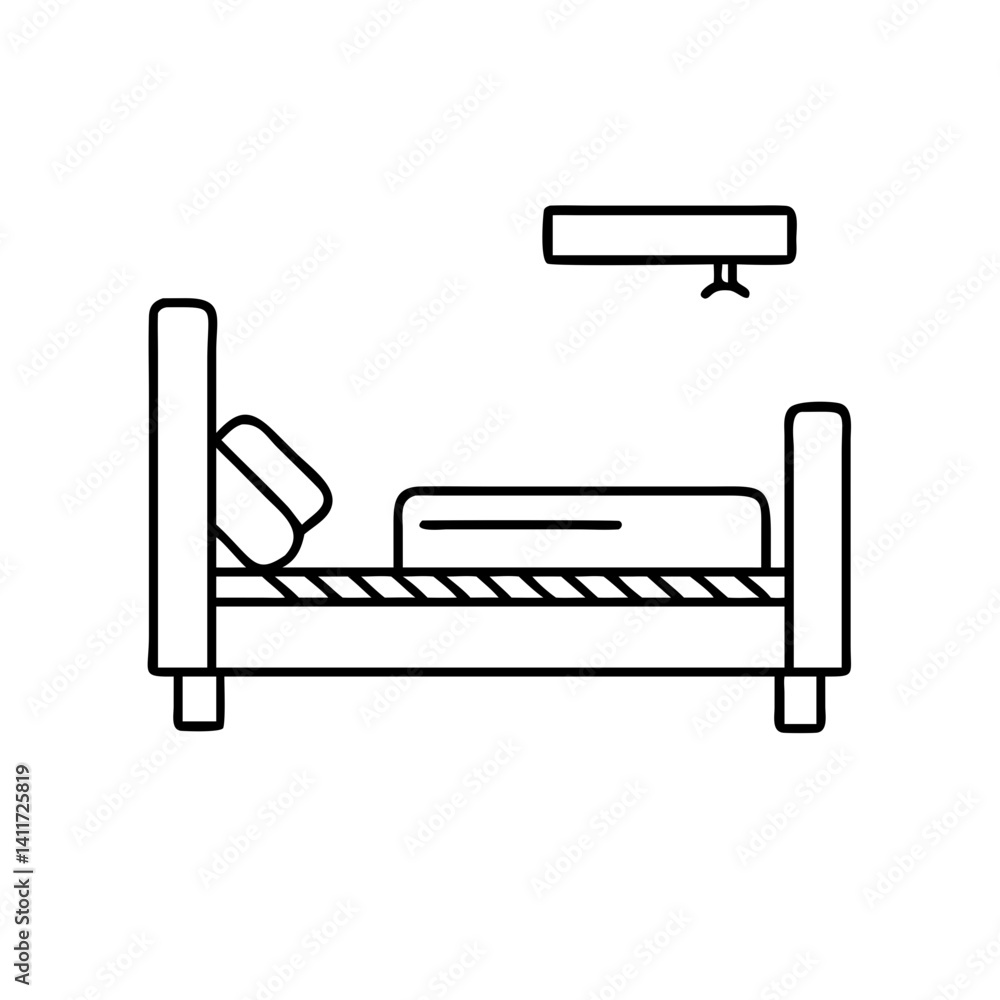 Poster simple line drawing of a bed with a pillow and overhead light fixture in a minimalist style