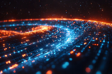 Dynamic Digital Wave of Blue and Orange Glowing Particles - Future Tech Design for Posters