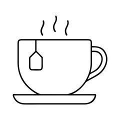 A steaming cup of tea with tea bag on a saucer a simple line drawing