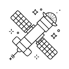 A detailed line drawing of a communications satellite orbiting in space among the stars