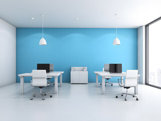 Modern Open Office Space With Blue Accents and Natural Light. Bright and open office with contemporary furniture, blue feature wall, and floor-to-ceiling windows providing ample natural light.