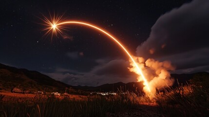 Night rocket launch over mountain range