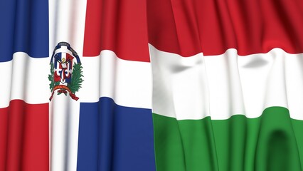 Flags of DOMINICAN REPUBLIC and HUNGARY with realistic cloth texture