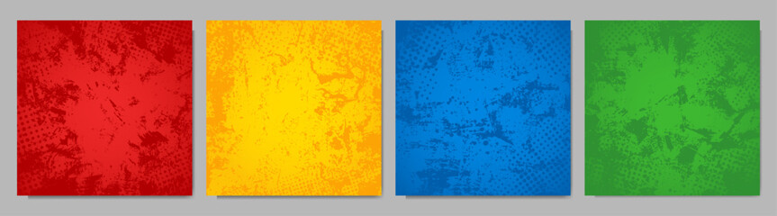 Vector illustration. Funny bright grunge square banner templates with halftone dots. Retro comic empty colorful backgrounds set. Vintage design elements for social media web template, blog post © VVadi4ka