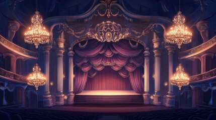 Obraz premium Grand, ornate theater stage with opulent chandeliers.