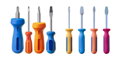 Colorful Set of Screwdrivers with Different Head Types and Sizes, isolated on transparent background