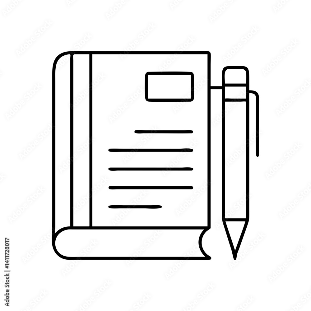 Poster simple line drawing of a notebook and pen ready for note taking or writing