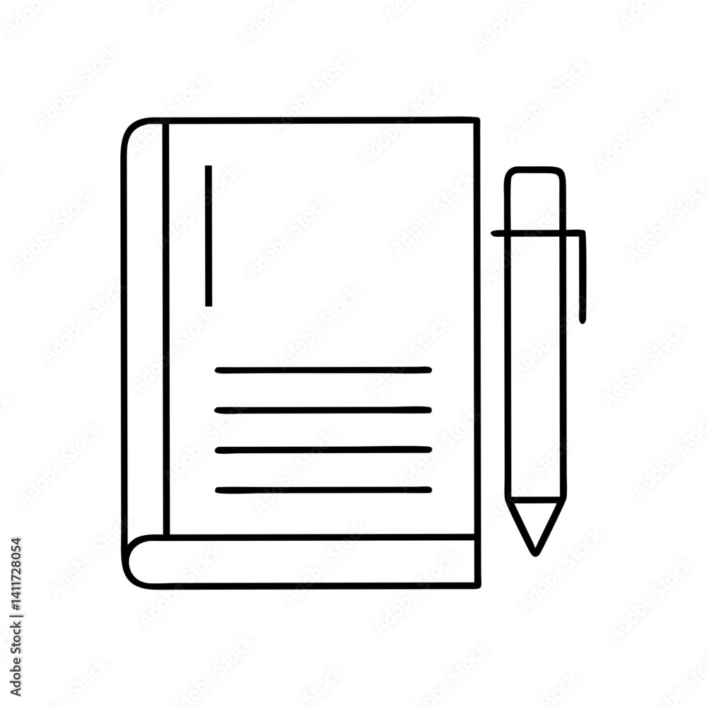 Poster simple line drawing of notebook and pen ready for note taking and writing