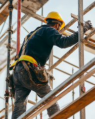 Construction worker assembling scaffolding at a building site. Featuring teamwork and precision