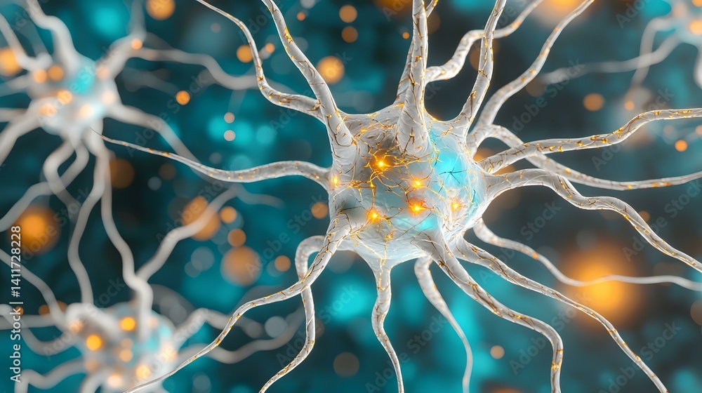Poster the image shows a detailed 3d rendering of a neuron, a nerve cell, with its branching dendrites and 