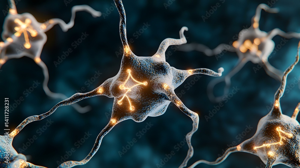 Aufkleber the image shows a detailed microscopic visualization of several neurons, with glowing synapses highl