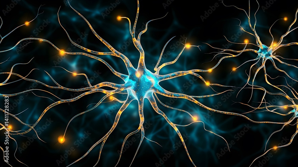 Poster the image shows a detailed rendering of neurons, the fundamental cells of the nervous system, with t