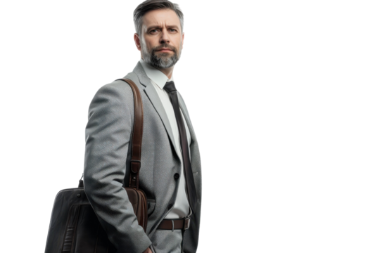 A confident professional in a tailored suit stands with a briefcase, ready to embrace new challenges in a bright, minimalist setting isolated on transparent background